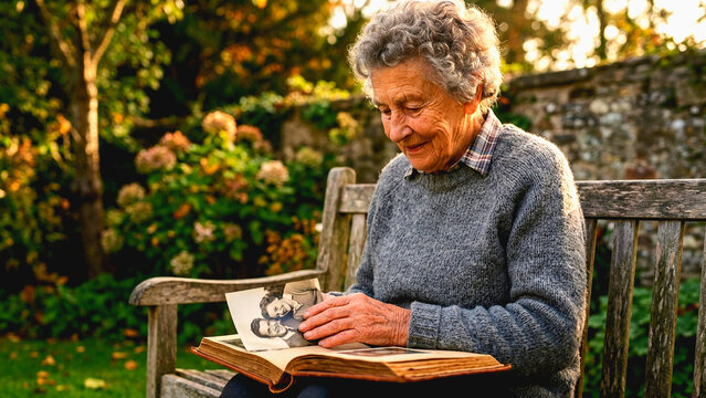 Elderly woman looking at a vintage photo album in a garden