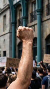 Raised fist in protest at a public demonstration for social justice and equality in a city street with crowd and signs
