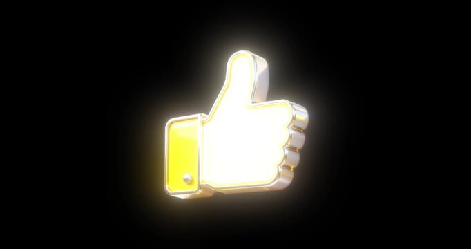 3D glowing golden thumbs up like button icon with neon light reflection on black background. Dynamic social media engagement call to action animation for YouTube, Instagram, TikTok and Facebook