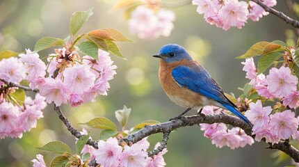 Fototapeta premium Bluebird perched on pink cherry blossom branch in spring