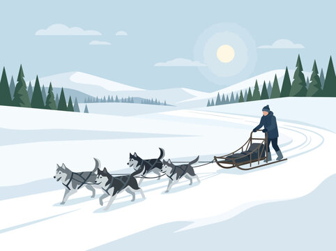 A musher standing on a sled pulled by four husky dogs in harness.