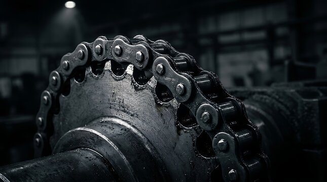 Industrial sprocket wheel with a heavy metal roller chain isolated on transparent background. Ideal for machinery and.