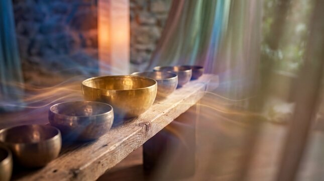 holistic wellness practices, a harmonious arrangement of sound healing bowls amidst ethereal light