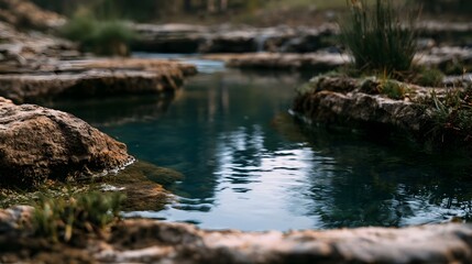 Fototapeta premium A tranquil natural pool of clear water nestled among weathered rocks and lush greenery under soft ambient light