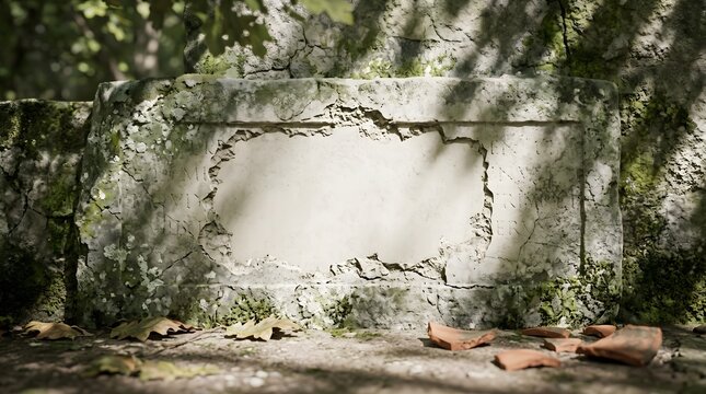 Ancient broken stone tablet standing in bright green forest. Blank ruined monument covered in moss, representing historical mystery.