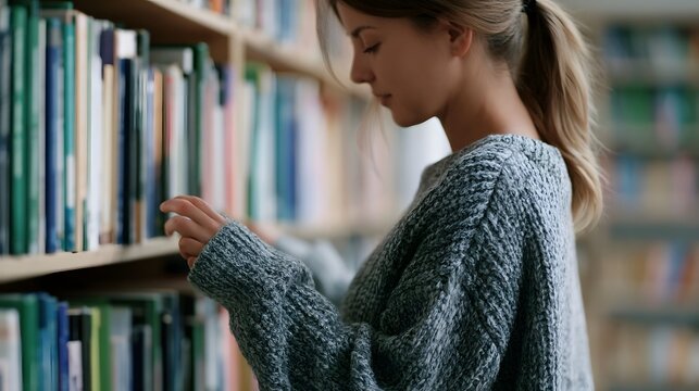 A person browsing books on a shelf in a library or bookstore setting  focused and calm in a cozy sweater
