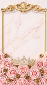 Elegant gold frame with pink roses and a sparkling crown on a marble background