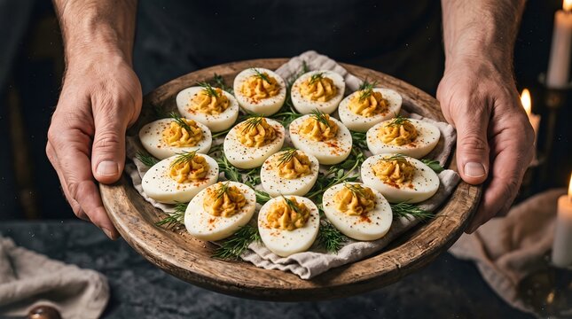 Caucasian male hands holding wooden plate of deviled eggs. Person serving traditional egg appetizer, for catering service.