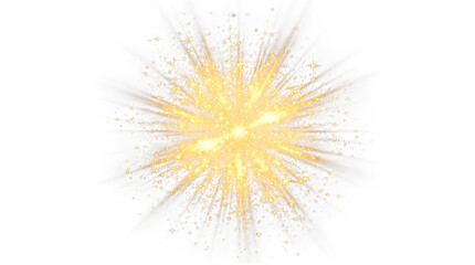Fototapeta premium A bright golden starburst explosion with glowing particles and light rays isolated on a solid black background for festive design elements
