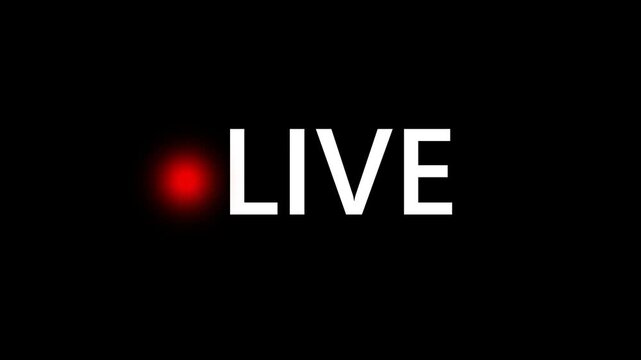 Live broadcast indicator graphic featuring minimalist white text with pulsing red circle icon animation with video displays minimalist solid black background blinking red dot