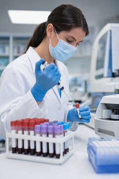 Female laboratory technician working with blood samples in clinic, handling test tubes and analyzing results with precision and care.