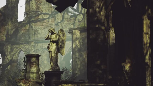 Amidst the crumbling stones of an ancient ruin, a solemn angel statue watches over the decay. Faded outlines of arches loom in the mist, creating an eerie yet beautiful atmosphere.