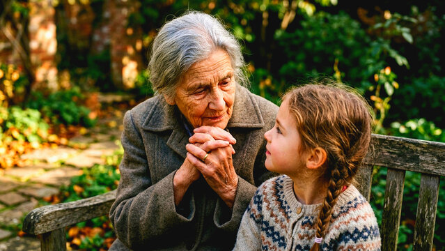 Senior woman and young girl sitting together on a garden bench