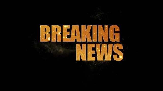 Breaking news broadcast graphic featuring gold text typography and animated particle wave effects on dark background with overlay shimmering particle particle waves flowing