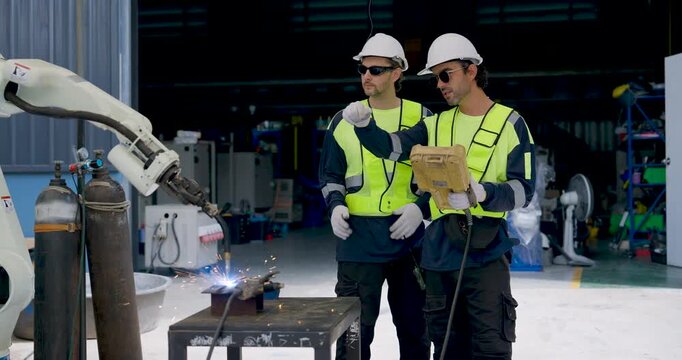 Two adult male engineers monitor robotic welding arm, reviewing handheld controller and gesturing toward active weld while sparks fly during automated manufacturing process in factory workshop.