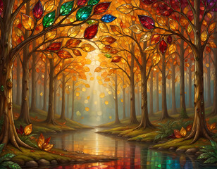 Fototapeta premium Stained glass style enchanted autumn forest with calm river and sunlight