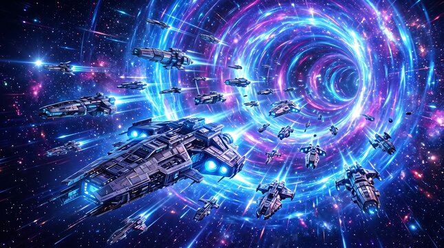 Futuristic fleet of spaceships traveling through a glowing blue light portal