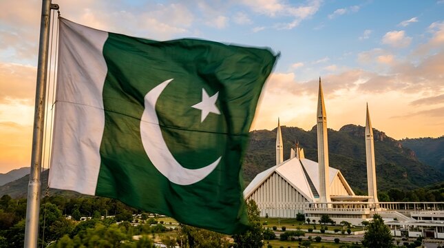 Islamic flag of Pakistan waving at sunset with Faisal Mosque, architectural landmark, national symbol, green white crescent, islamic culture