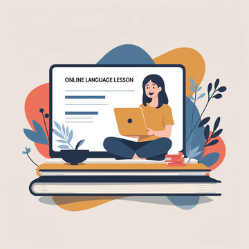 Young woman taking an online language lesson on a laptop while sitting cross-legged on a stack of books with plants and abstract shapes in the background