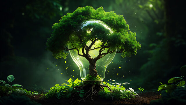 Green Tree Growing Inside Light Bulb Representing Renewable Energy Sustainable Environment and Eco Innovation Concept