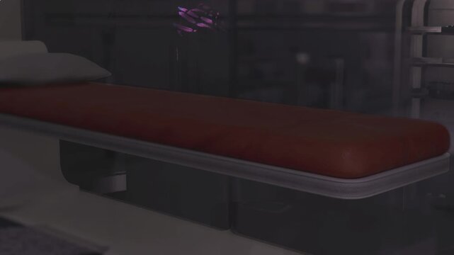 Clinical examination bed under soft light, padded red mattress with neat pillow, sanitized surfaces and tidy layout, instruments out of focus, calm atmosphere