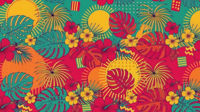 Vibrant tropical animation with colorful leaves and flowers celebrating nature in a lively jungle scene