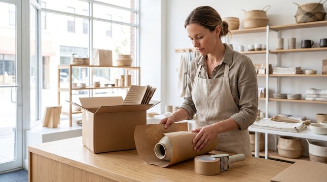 Small business owner packing customer order, recycled kraft paper wrapping, sustainable retail packaging solutions, eco friendly corporate gifting, professional shop setup
