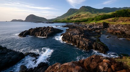 Fototapeta premium A rugged volcanic coastline where waves crash against dark rocks under a clear sky with distant green hills