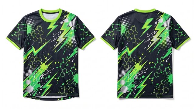 Abstract Black and Neon Green Sports Jersey Mockup Front and Back View Isolated on White