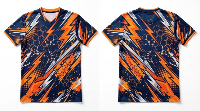 Abstract Sports Jersey Mockup Front and Back View with Geometric Lightning Pattern Isolated on White Background