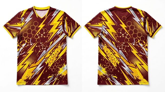 Abstract Maroon and Yellow Sports Jersey Mockup Front and Back View Isolated on White Background
