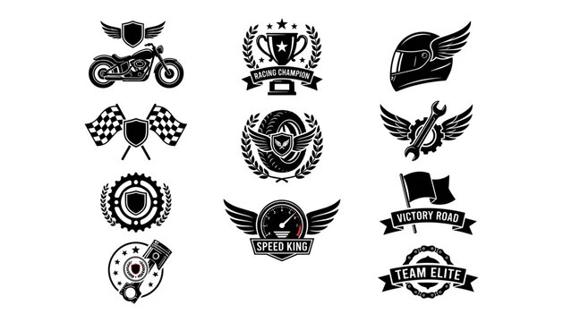Motorcycle Racing Emblems and Icons Set with Speed, Victory, and Team Themes in Black and White Vector Style