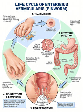 educational medical illustration and scientific infographic mapping the life cycle of the human pinworm (Enterobius vermicularis).