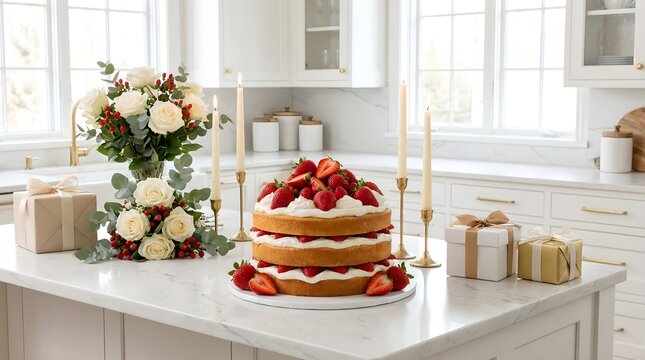 Elegant birthday celebration featuring a delicious strawberry layer cake with flowers and gifts in a bright modern kitchen
