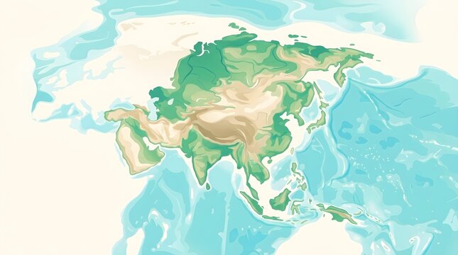 Illustrated Vintage Atlas Map of the Asian Continent with Soft Green and Turquoise Topography
