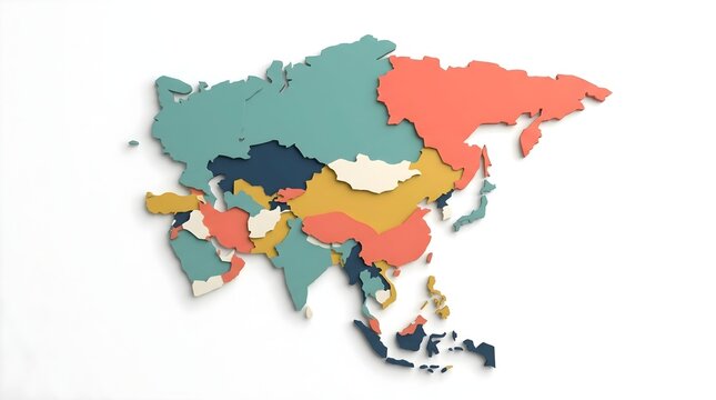 3D Stylized Map of Asia Continent with Colorful Regional Segments on White Background for Professional Presentation and Educational Use
