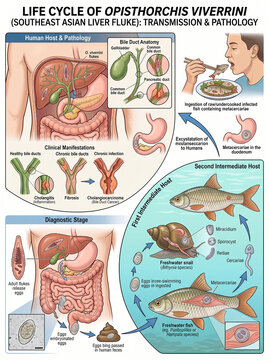 Scientific infographic diagram illustrating the life cycle, transmission, and pathology of Opisthorchis viverrini (Southeast Asian liver fluke).