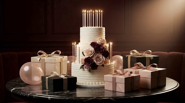 Elegant Multi-Tiered Celebration Cake with Burning Candles and Luxury Wrapped Gifts on a Dark Marble Table