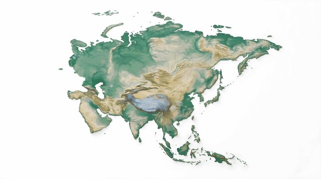 Detailed Topographic Map Silhouette of the Asia Continent with Natural Textures and Geographical Features