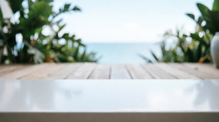 Fototapeta premium Wooden Deck with Ocean View and Greenery for Product Display