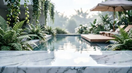 Fototapeta premium Luxury Outdoor Pool with Greenery and Marble Edge for Relaxation Design