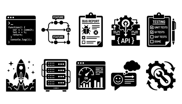 Software development and DevOps process icon set featuring code window, git branch, bug report, API, testing checklist, rocket launch, and server.