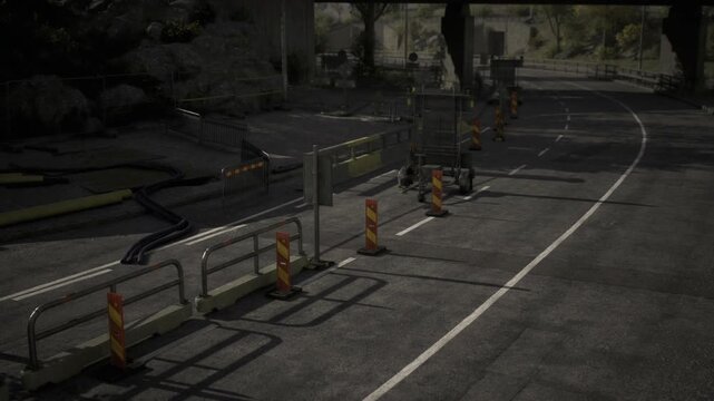 An empty road stretches beneath a sturdy bridge, framed by construction barriers and warning signs. The scene captures a moment of pause in an otherwise busy city landscape.