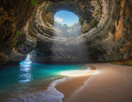 Hidden Tropical Cave Beach with Turquoise Water, Sandy Shore and Natural Rock Arch