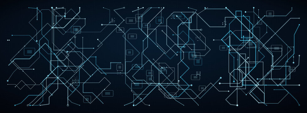 Futuristic digital circuit board pattern, blue glowing technology network lines, abstract cyber data connection background