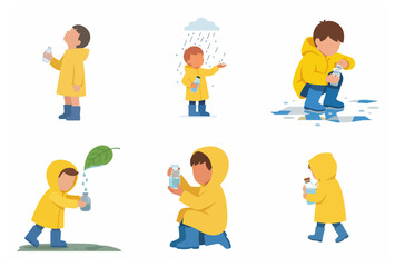 Fototapeta premium Little boy in yellow raincoat collecting and saving water from rain and nature illustrations