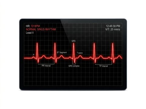 Ecg or ekg heart monitor screen showing a normal sinus rhythm with labeled p wave, qrs complex, st segment, t wave, pr interval, and tp interval