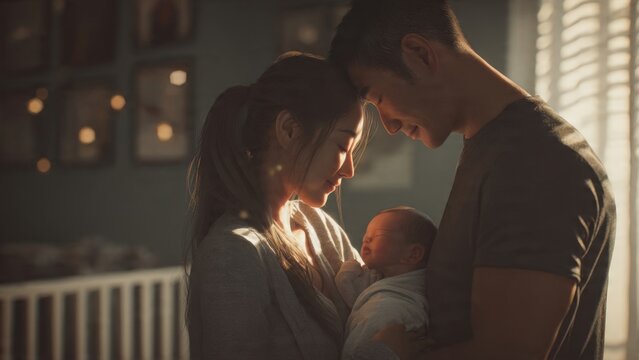 A touching scene of new parents joyfully holding their newborn baby in a warm and loving environment featuring a couple from diverse backgrounds