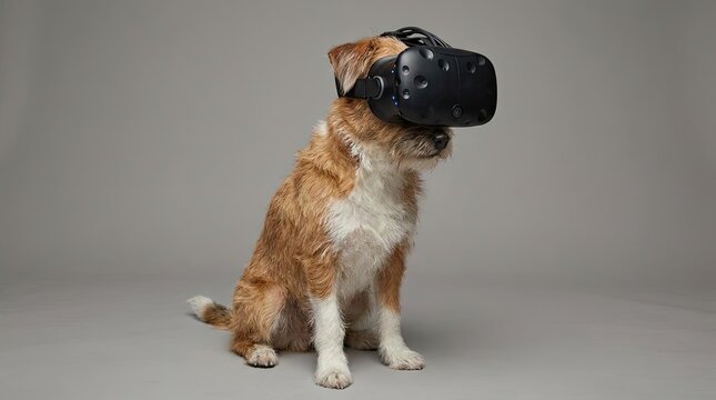 Brown dog wearing virtual reality headset on gray background