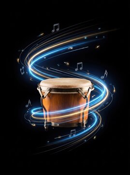 Bongo drum with glowing light trails and musical notes on black background